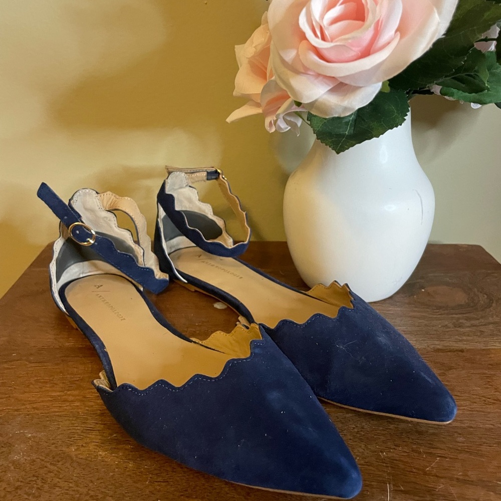 Anthropologie Navy Blue Scalloped Pointed-Toe Flats